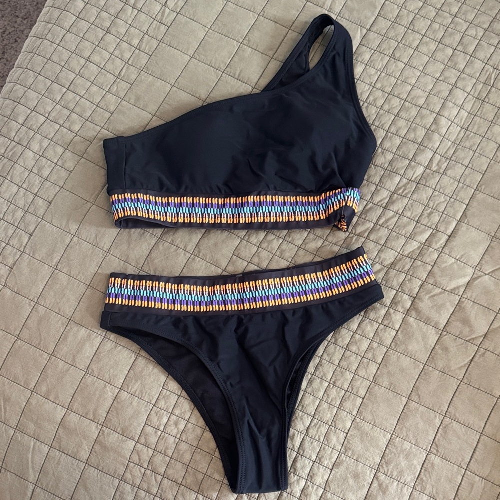 Black One-Shoulder Bikini with Colorful Trim